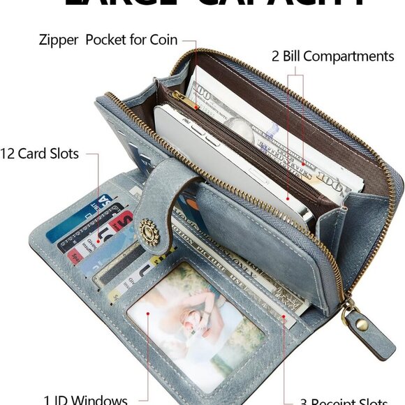 Wallet for Women RFID Blocking Leather Large Capacity Card Holder Ladies Phone C - Picture 2 of 9